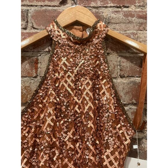 NEW Mac Duggal 5535 Lattice Sequin Halter Midi Dress - Copper - Size 4 - Picture 6 of 9